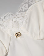 Dolce &amp; Gabbana White Lace Gold DG Logo Silk Dress Sleepwear