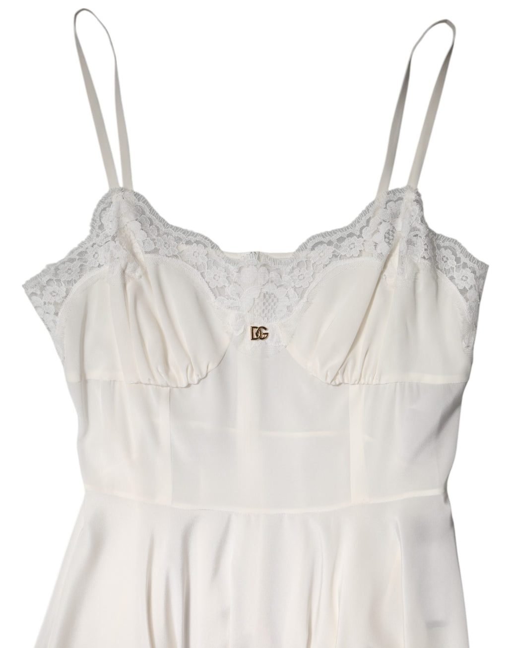 Dolce &amp; Gabbana White Lace Gold DG Logo Silk Dress Sleepwear