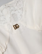 Dolce &amp; Gabbana White Lace Gold DG Logo Silk Dress Sleepwear
