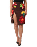 Dolce &amp; Gabbana Brown Floral High Waist Side Slit Skirt