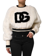 Dolce &amp; Gabbana White Cropped Faux Fur DG Sweatshirt Sweater