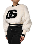 Dolce &amp; Gabbana White Cropped Faux Fur DG Sweatshirt Sweater