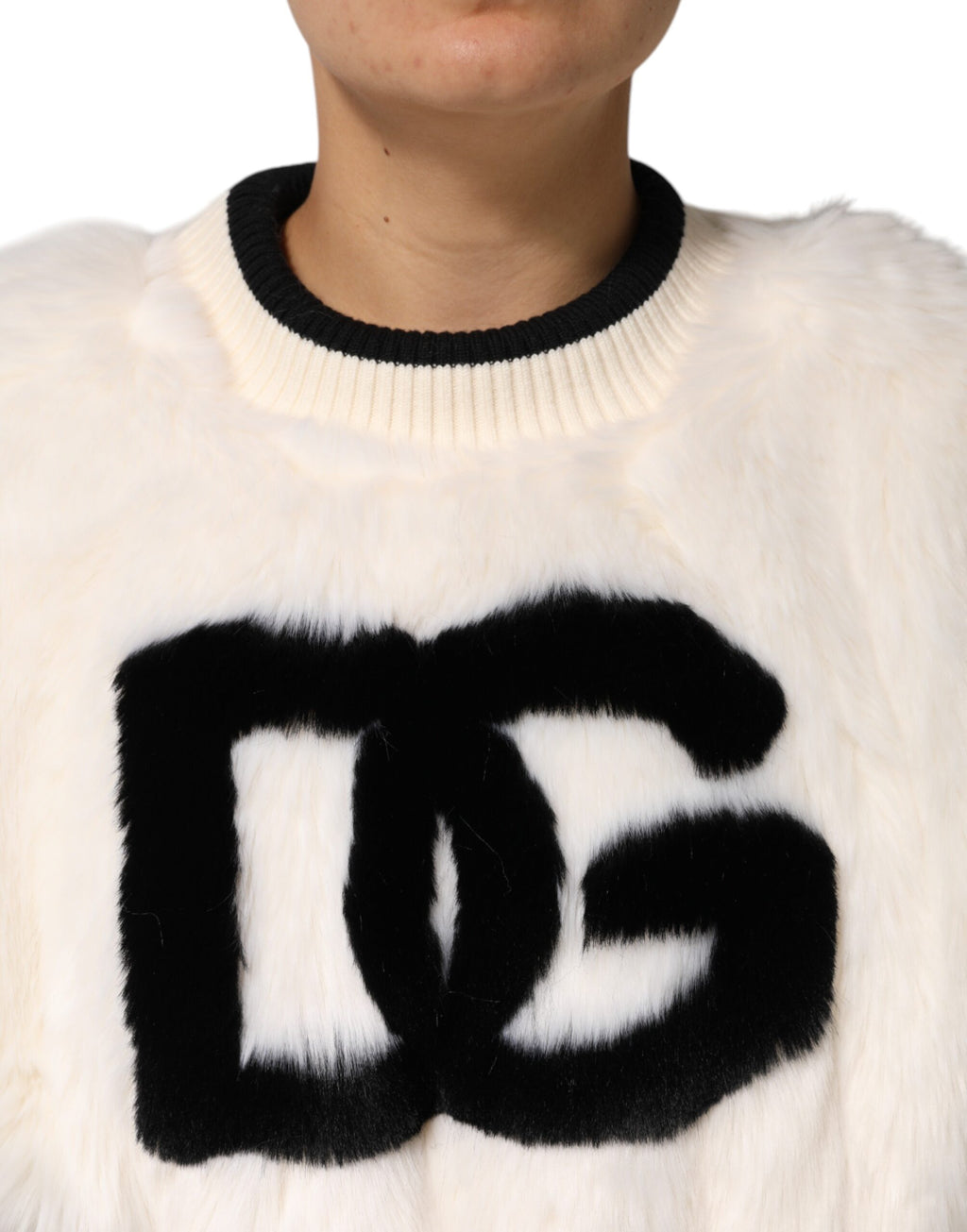 Dolce &amp; Gabbana White Cropped Faux Fur DG Sweatshirt Sweater