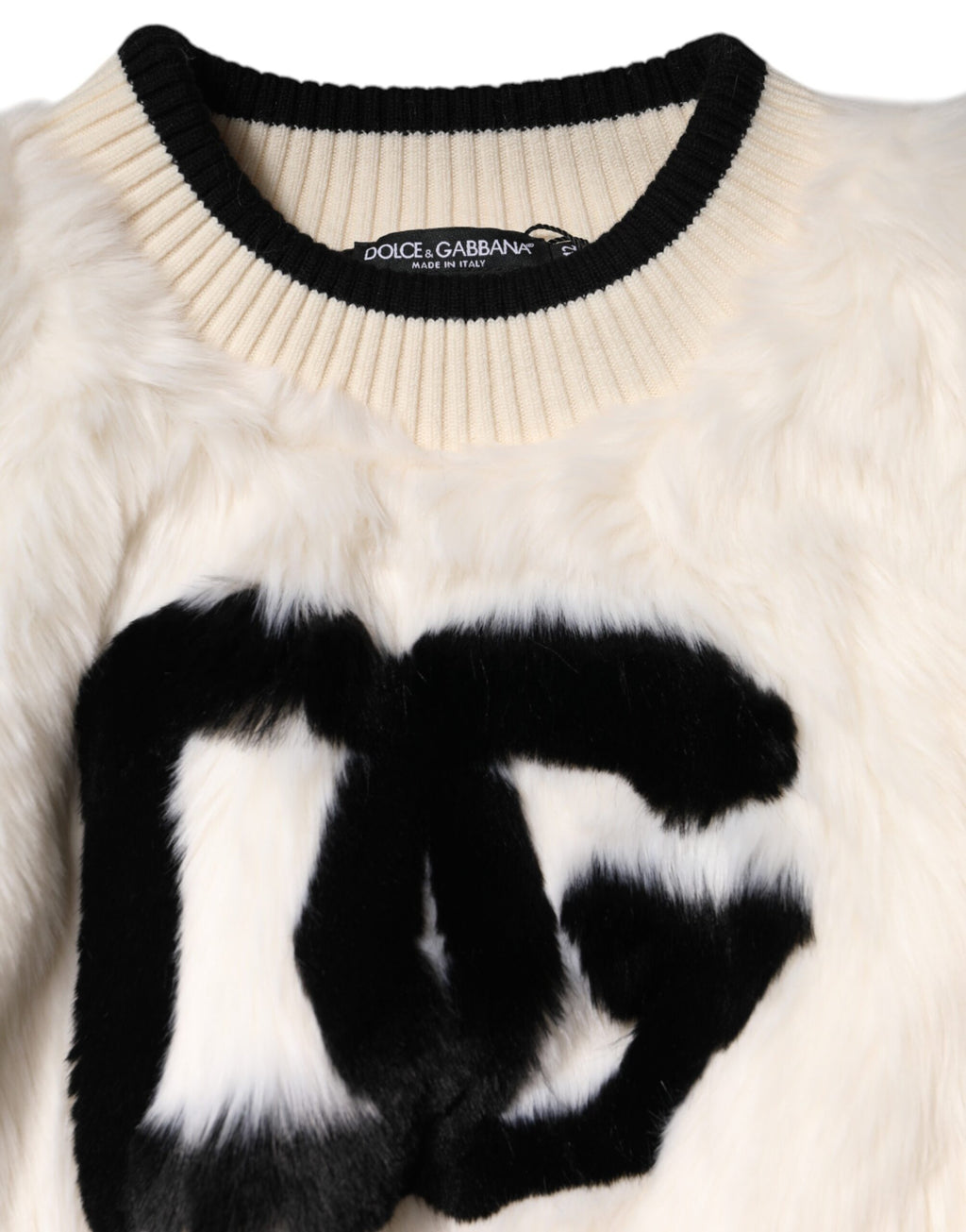 Dolce &amp; Gabbana White Cropped Faux Fur DG Sweatshirt Sweater