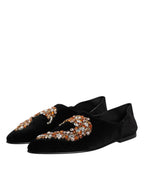 Dolce &amp; Gabbana Black Velvet Embellished Loafer Slip On Shoes