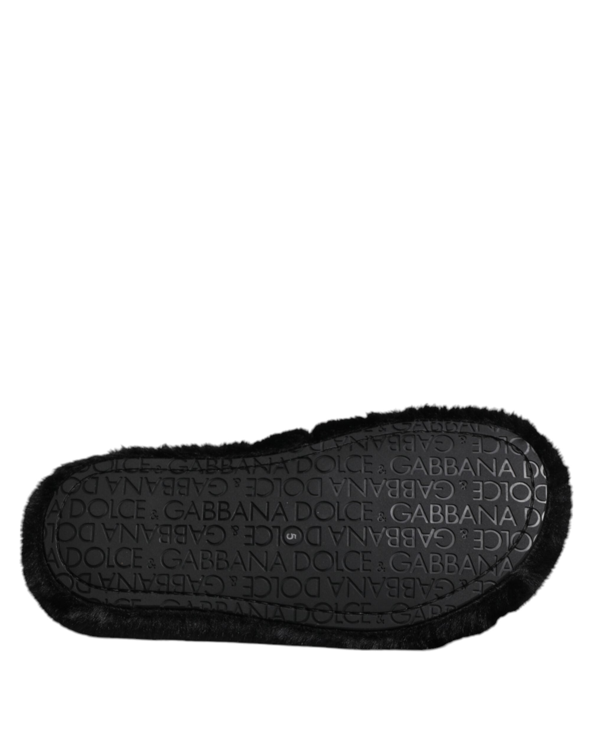 Dolce &amp; Gabbana Black Polyester Velvet Slides Slipper Shoes