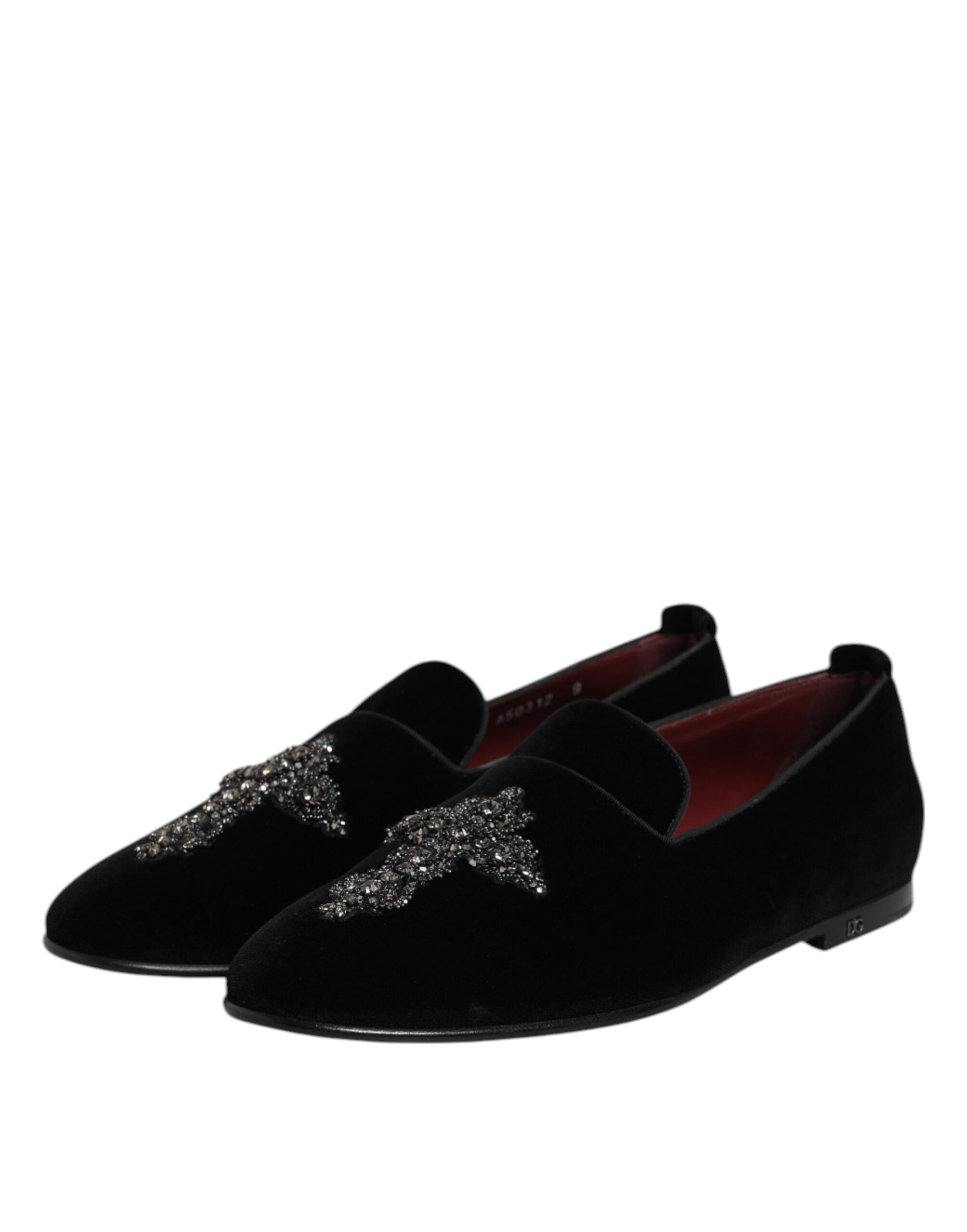 Dolce &amp; Gabbana Black Velvet Embellished Loafer Slip On Shoes