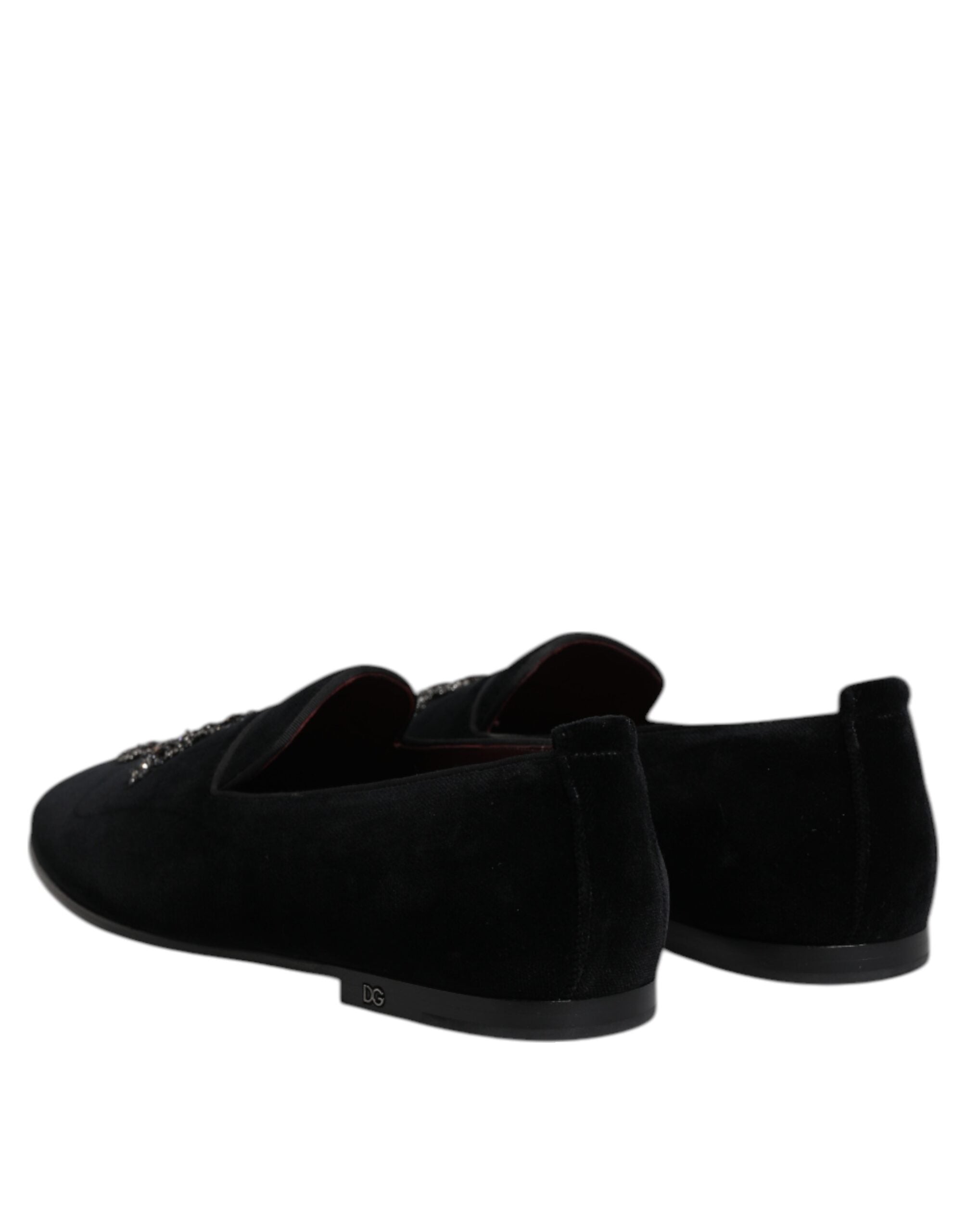 Dolce &amp; Gabbana Black Velvet Embellished Loafer Slip On Shoes