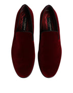 Dolce &amp; Gabbana Red Cotton Velvet Slip On Loafers Formal Shoes