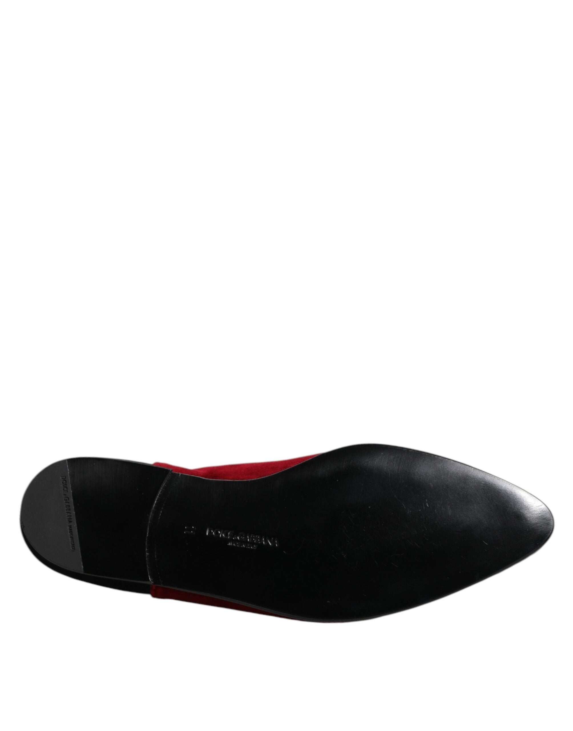 Dolce &amp; Gabbana Black Red Velvet Embellished Slip On Shoes