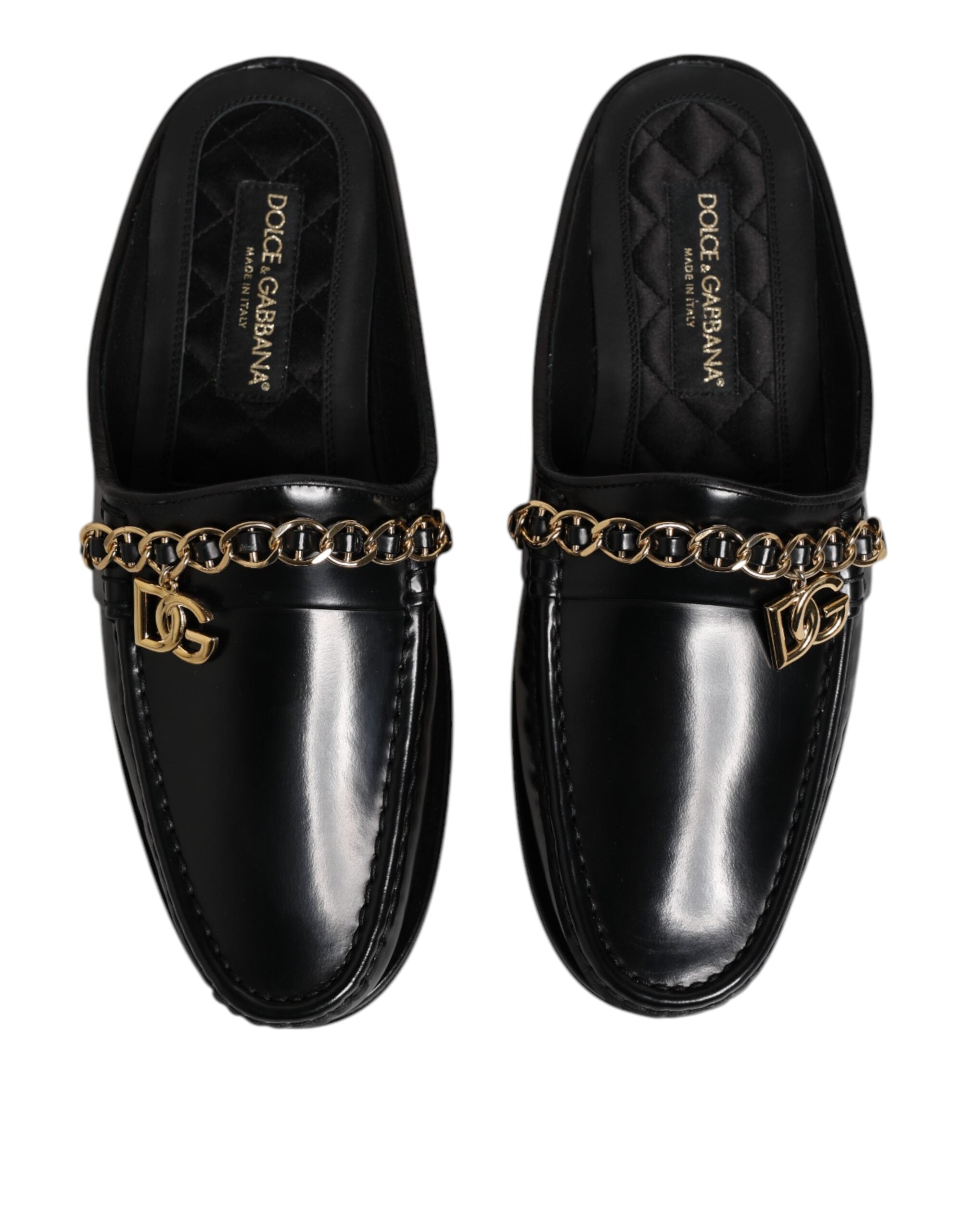 Dolce &amp; Gabbana Black Leather DG Chain Embellished Sandals Shoes