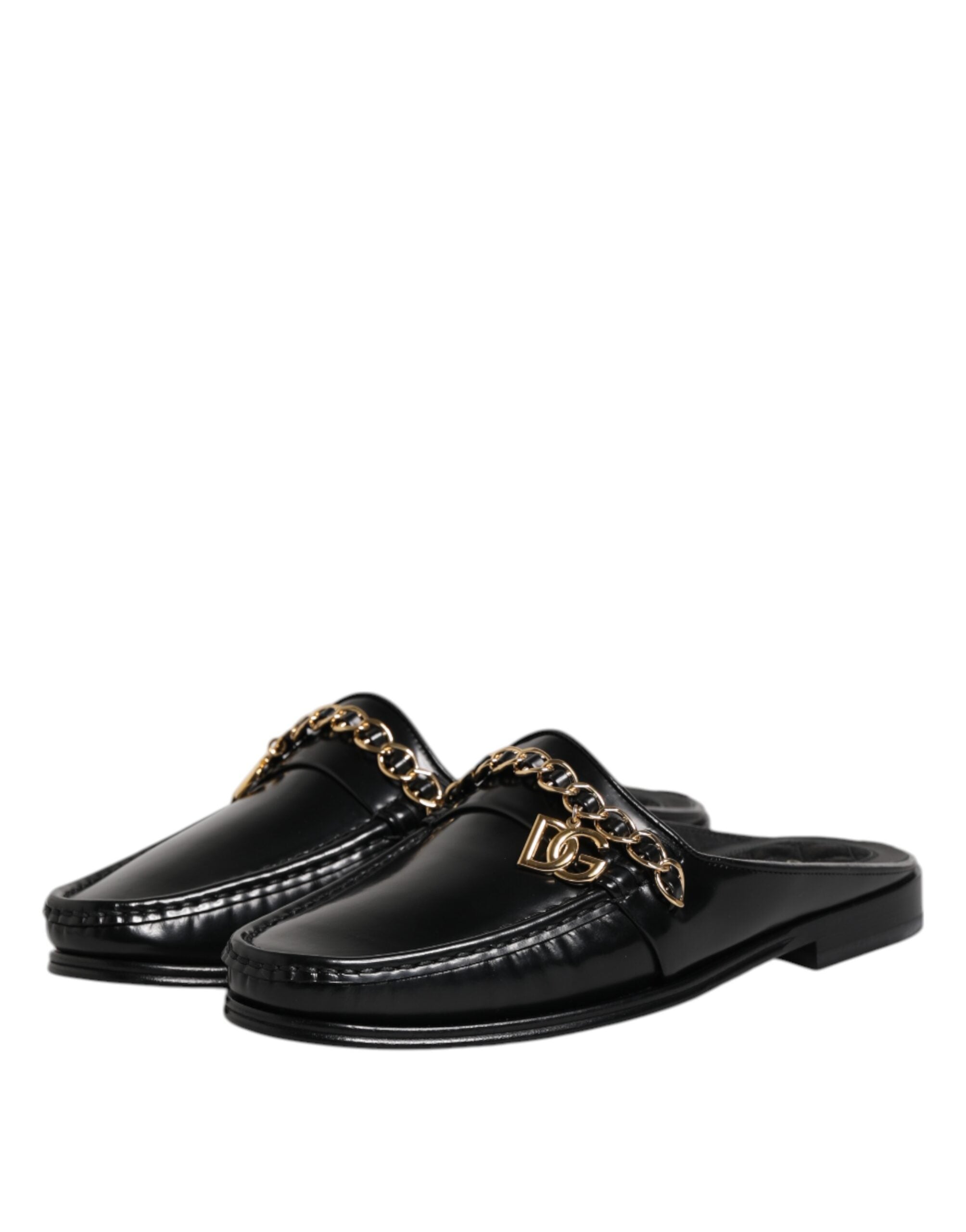 Dolce &amp; Gabbana Black Leather DG Chain Embellished Sandals Shoes