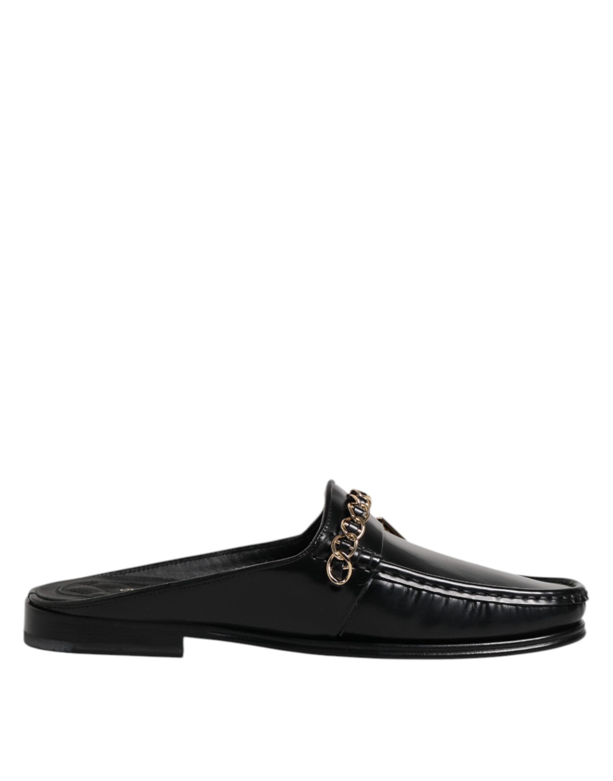 Dolce &amp; Gabbana Black Leather DG Chain Embellished Sandals Shoes