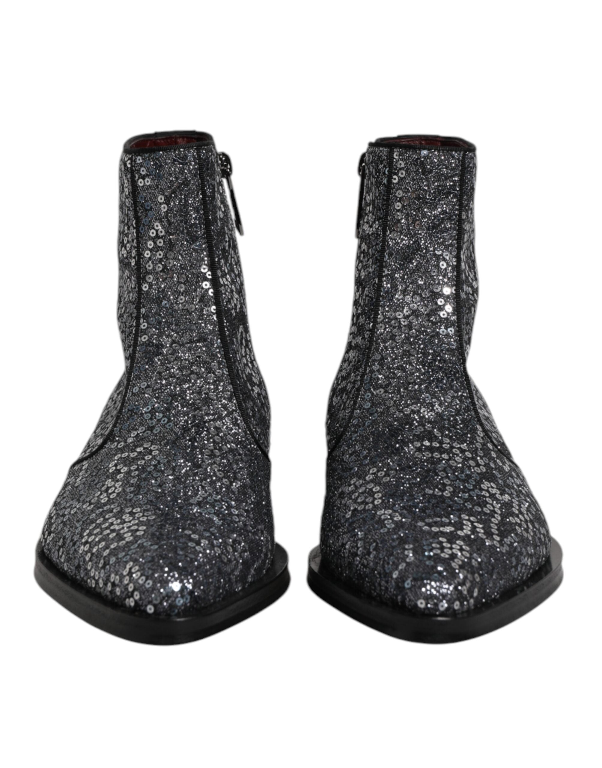 Dolce &amp; Gabbana Dark Gray Cotton Sequined Chelsea Boots Shoes