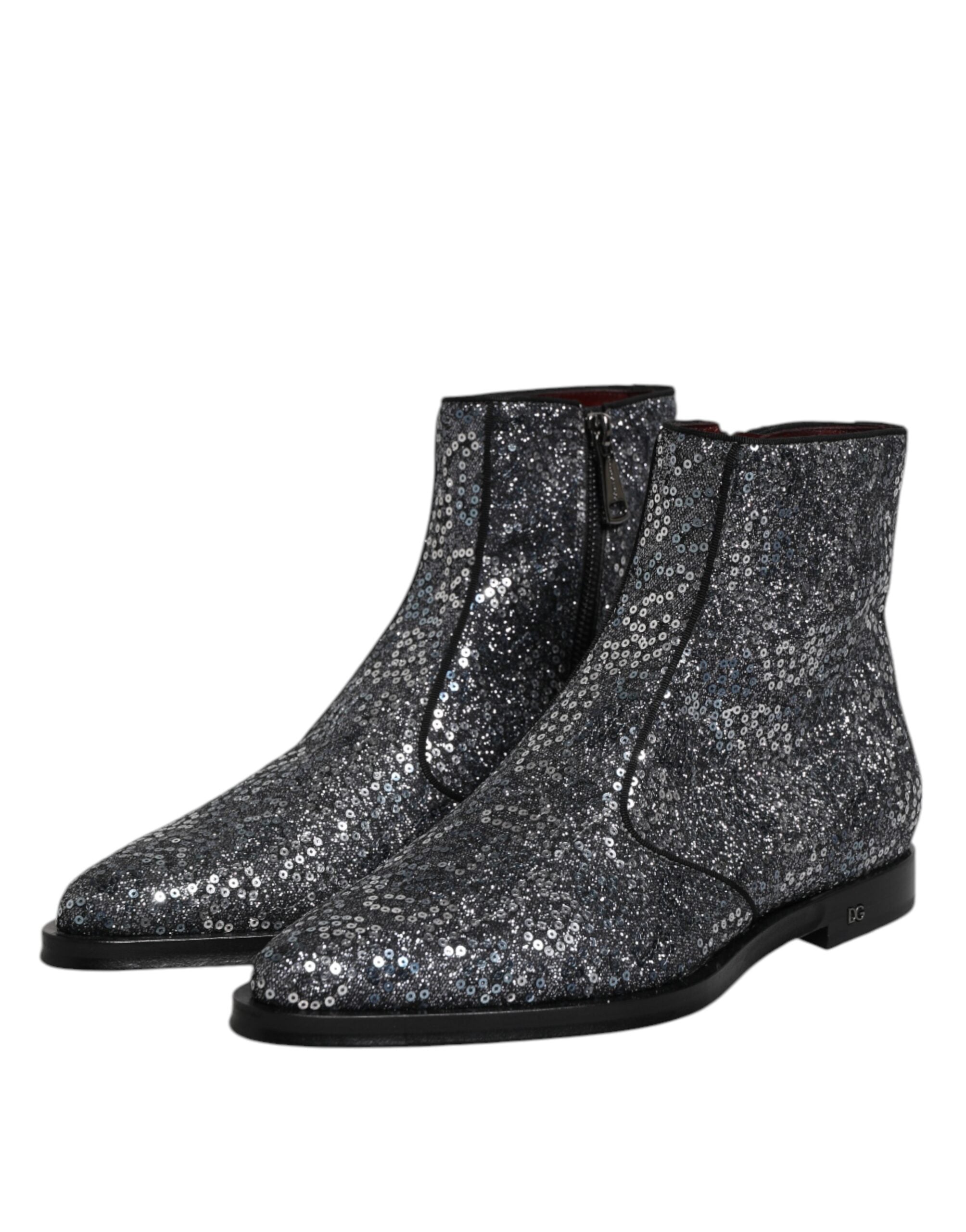 Dolce &amp; Gabbana Dark Gray Cotton Sequined Chelsea Boots Shoes