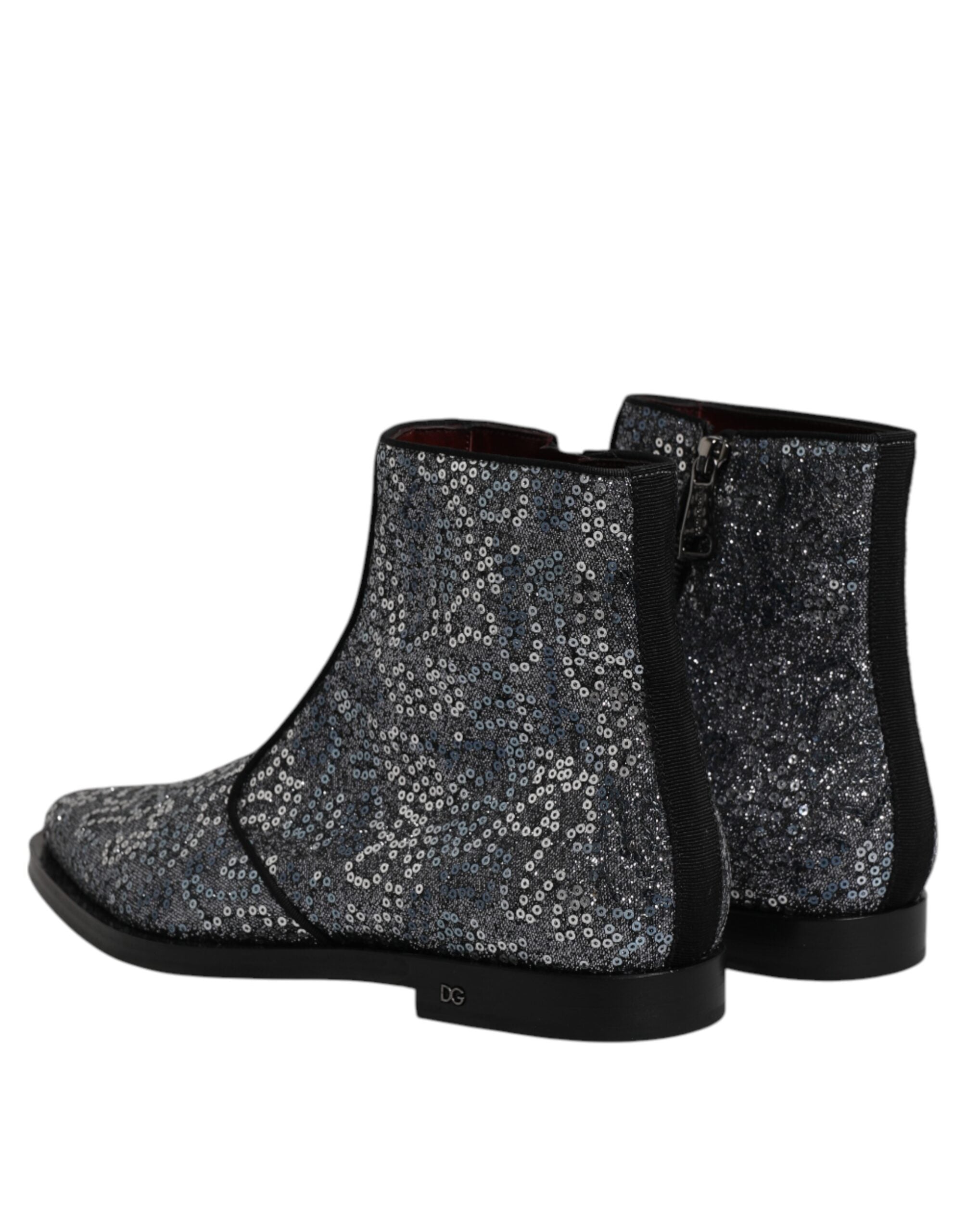 Dolce &amp; Gabbana Dark Gray Cotton Sequined Chelsea Boots Shoes