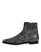Dolce &amp; Gabbana Dark Gray Cotton Sequined Chelsea Boots Shoes