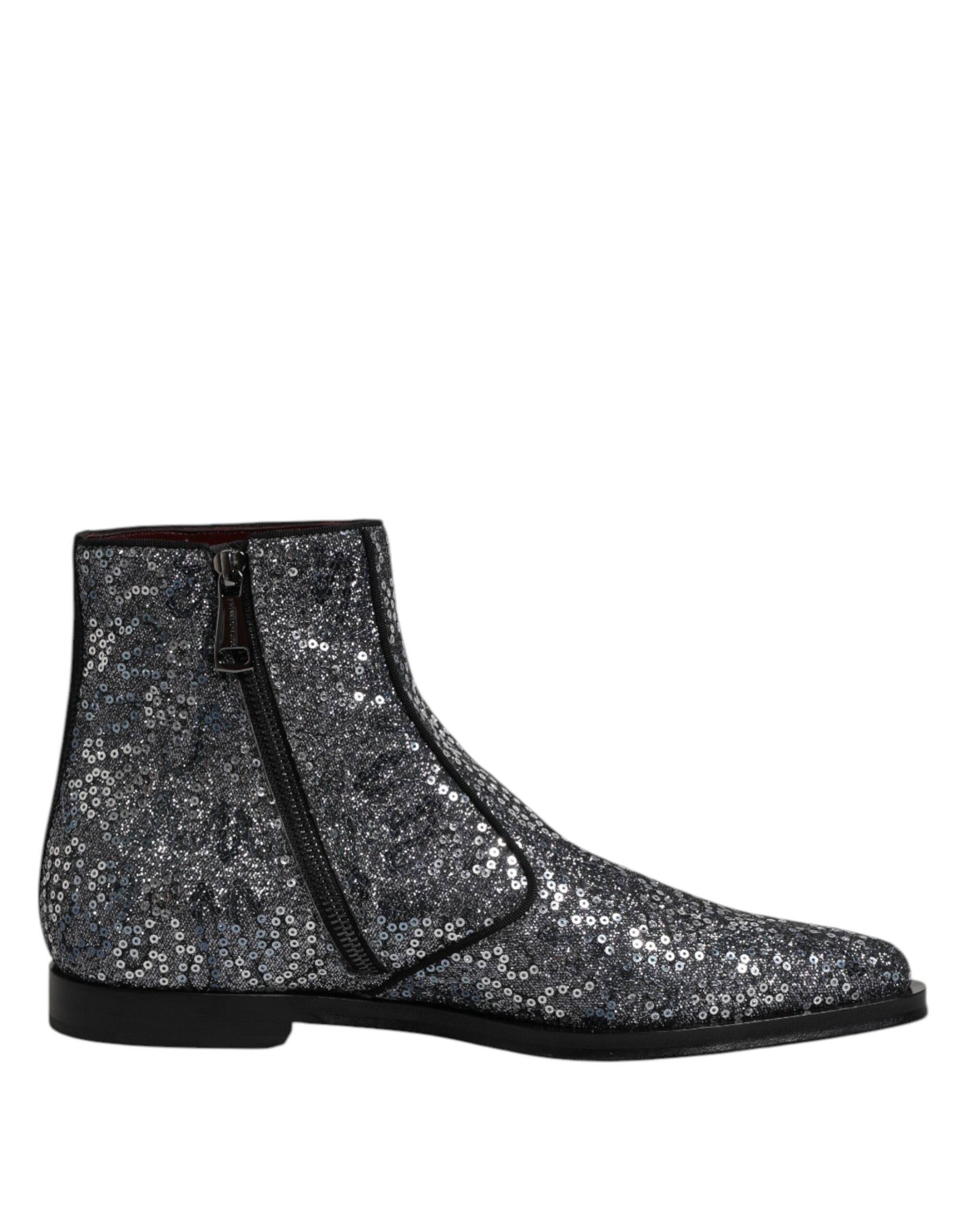 Dolce &amp; Gabbana Dark Gray Cotton Sequined Chelsea Boots Shoes