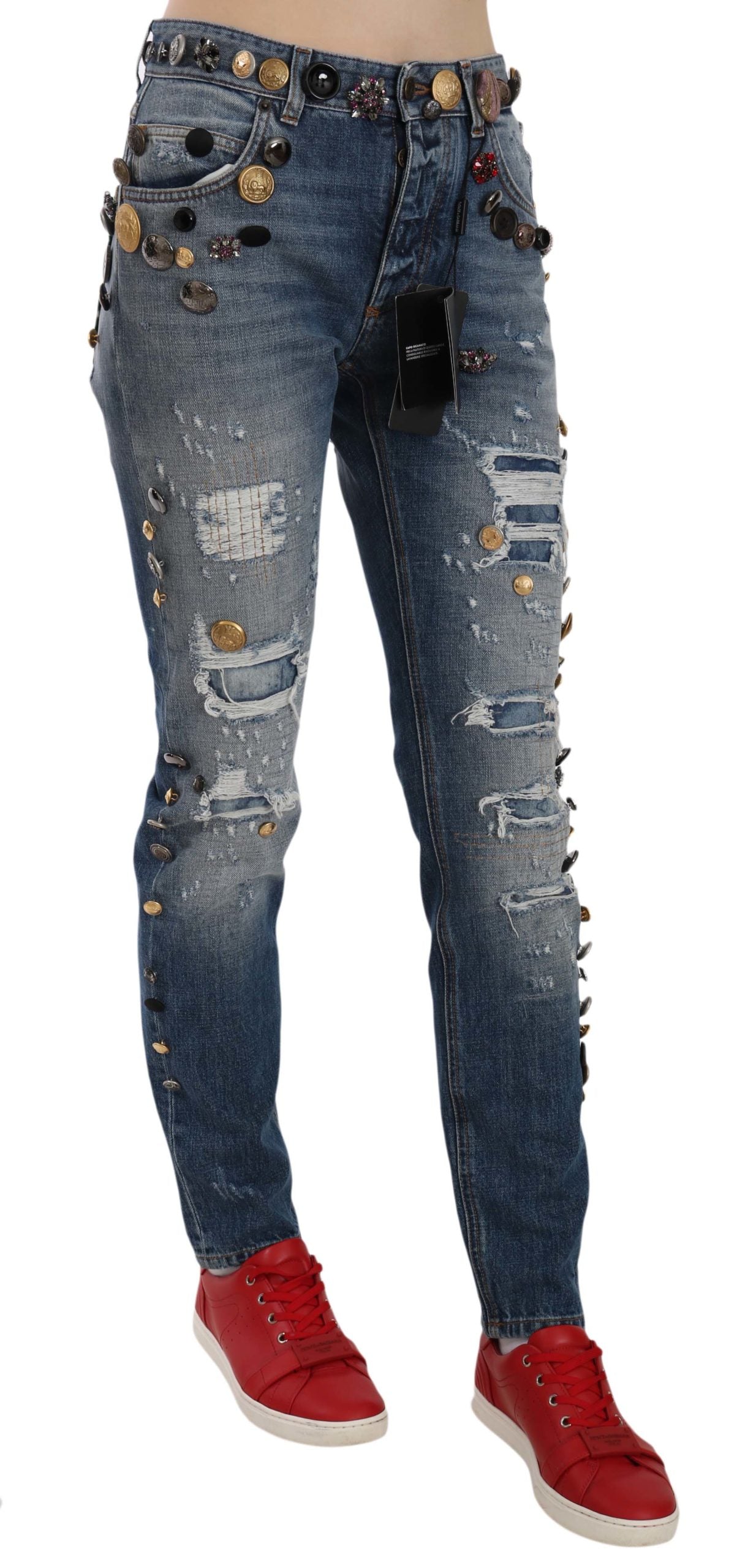 Dolce &amp; Gabbana Distressed Embellished Buttons Denim Pants Jeans