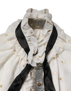 Dolce & Gabbana White Black Silk Long Sleeve Ascot Collar Top
