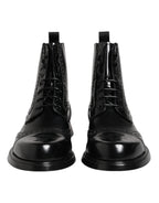 Dolce &amp; Gabbana Black Leather Lace Up Mid Calf Boots Shoes