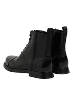 Dolce &amp; Gabbana Black Leather Lace Up Mid Calf Boots Shoes