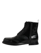 Dolce &amp; Gabbana Black Leather Lace Up Mid Calf Boots Shoes